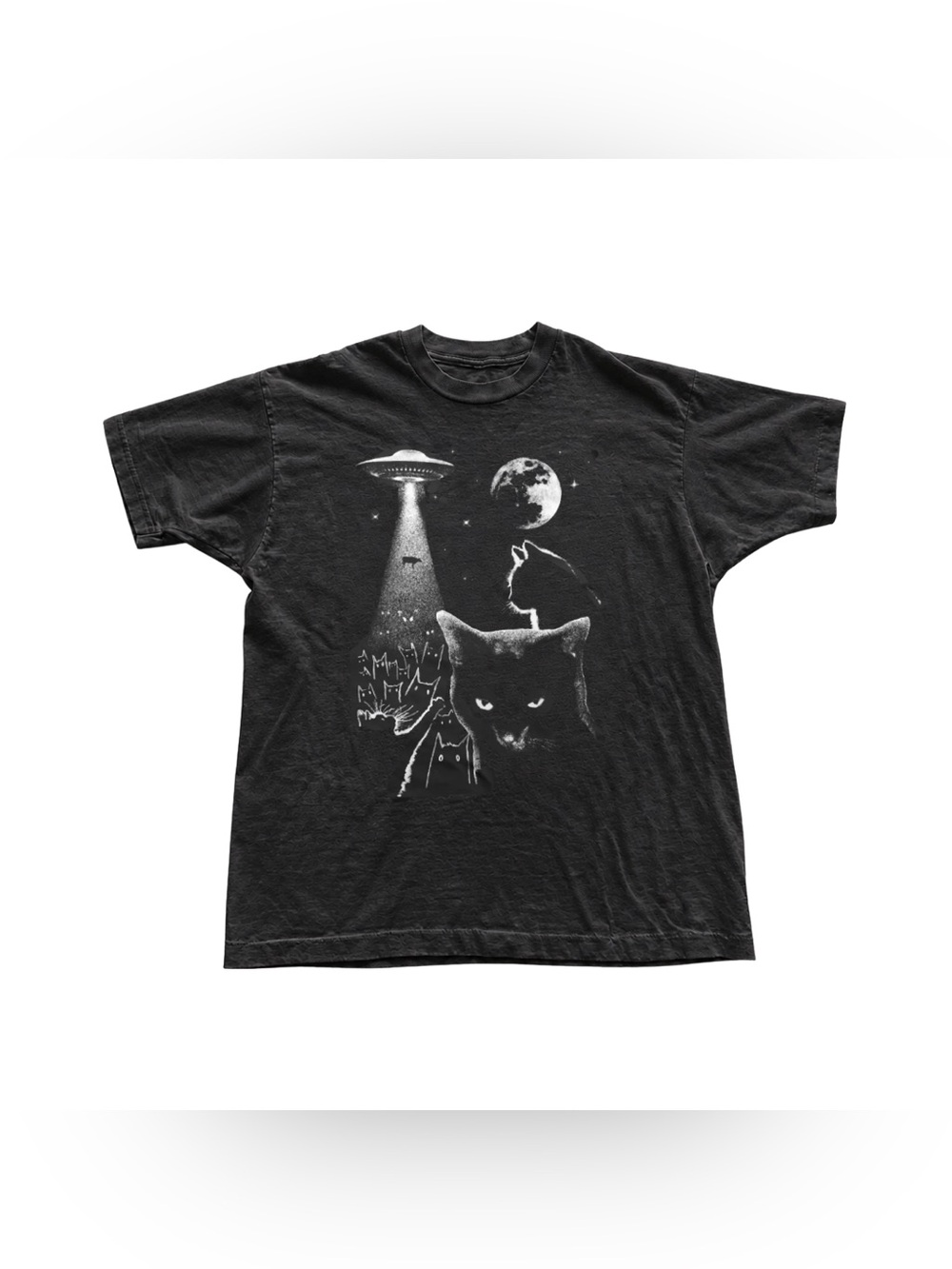 Black Short Sleeve Tee with White Cat & UFO Graphic